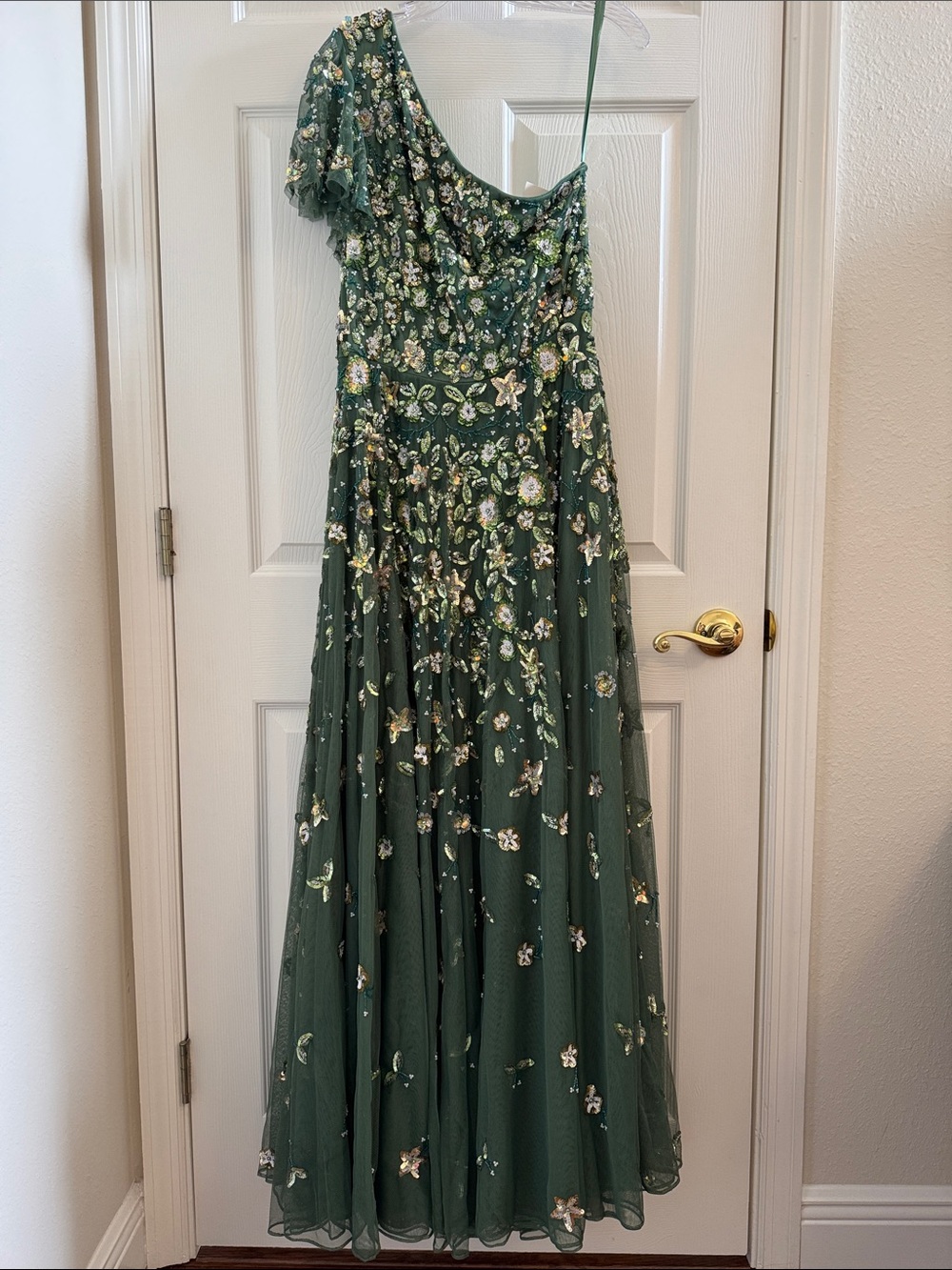 Mac Duggal 6159 Green One Shoulder Embellished A Line Gown Size 14 NWT - Picture 4 of 11
